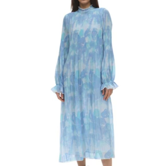 GANNI Pleated Georgette Maxi Dress in Forever Blue Size 4 - Picture 1 of 8